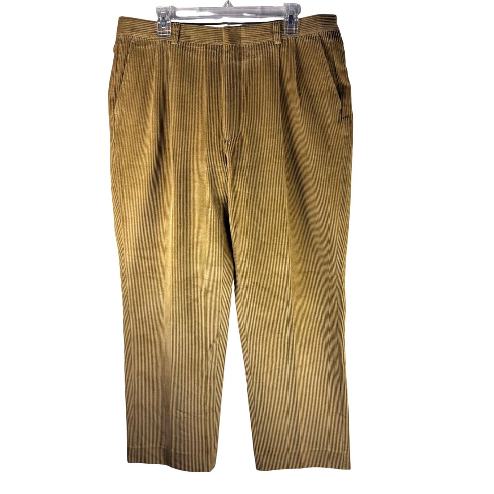 Orvis Mens 36 Pleated Wide Wale Corduroy Pants Khaki Tan Made in USA Stretch